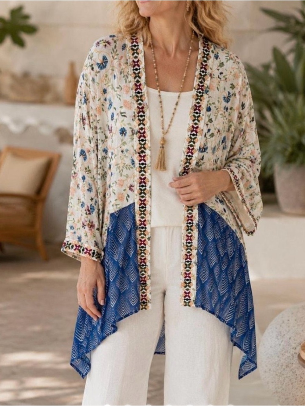 Soft Surroundings Floral Embroidered Open Front Kimono Top Sz M Sheer Asymmetric